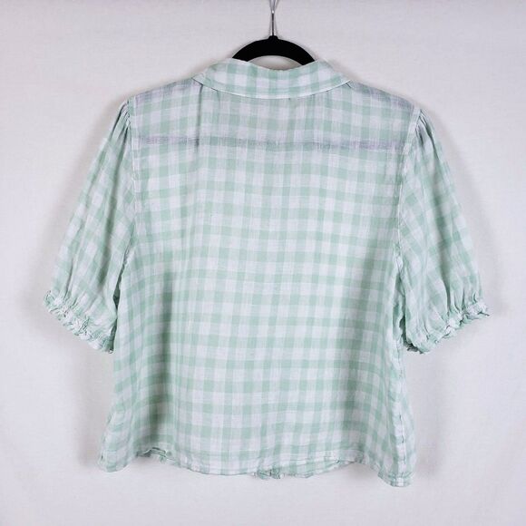 Cottagecore Gingham 100% Linen Top Womens XL Puff Sleeve Pastel Farm Mint Green - Picture 5 of 7